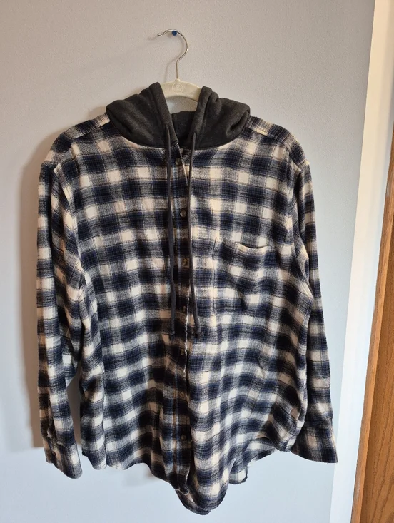 American Eagle Hooded Flannel Long Sleeve Button Up Shirt Blue Off White Size XL - Picture 2 of 5